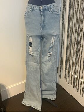 refuge Light Blue Distressed Wide Leg Jeans